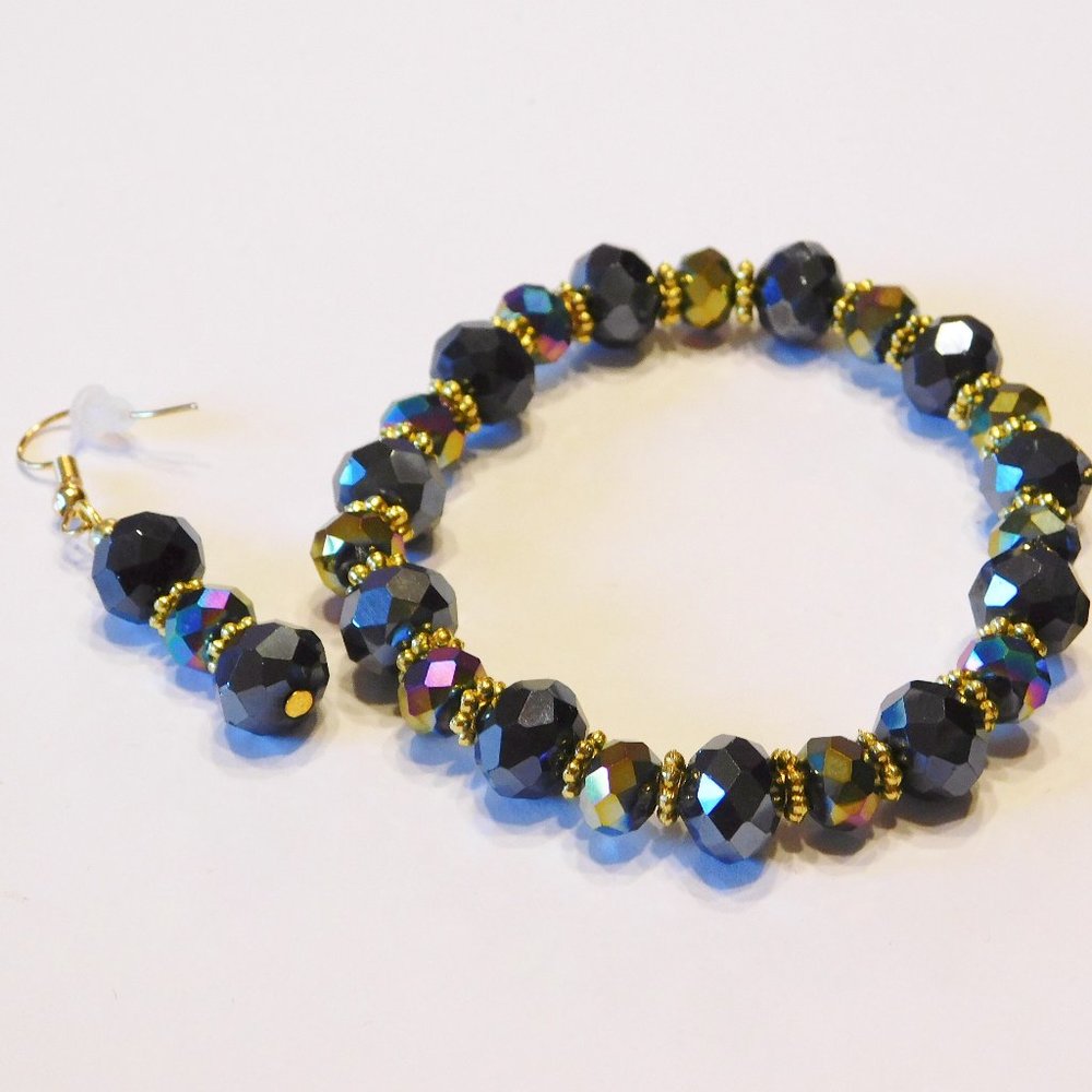 Handmade Navy Blue Glass Beaded Bracelet & Matching Earrings  - 7.25"